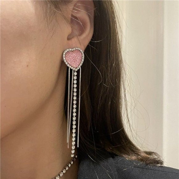 Rhinestone Pink Heart Dangling Earrings