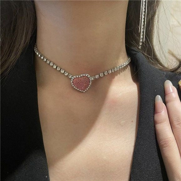 Rhinestone Pink Heart Pendant Necklace