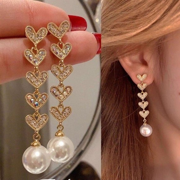 AB and Clear Rhinestone Heart Pearl Drop Earrings
