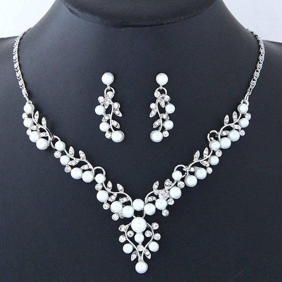 Faux Pearl and Rhinestone Necklace/Earring Set