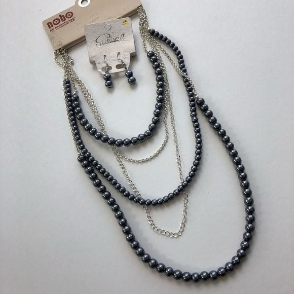 Gray Multi-strand Beaded Necklace Earring Set