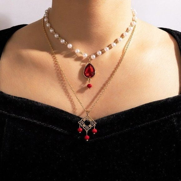 Goldtone Faux Pearl and Red Multi-strand Necklace