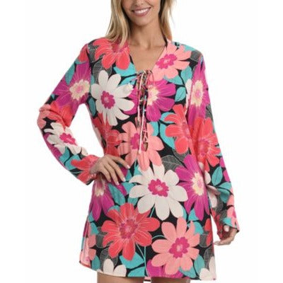 La Blanca Lace-Up Tunic Cover-Up In Full Bloom Floral Multi XS nwt