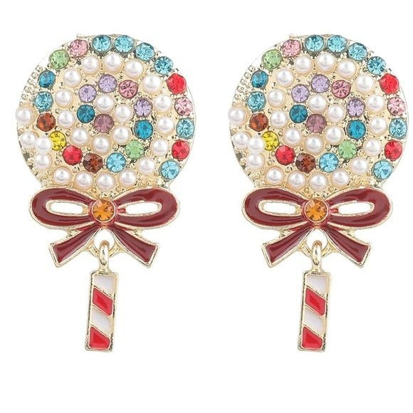 Lollipop Earrings Colorful Rhinestone Faux Pearl