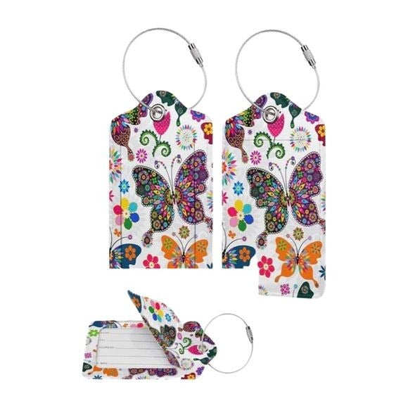 Butterfly leather luggage tags on stainless steel loops set of 2