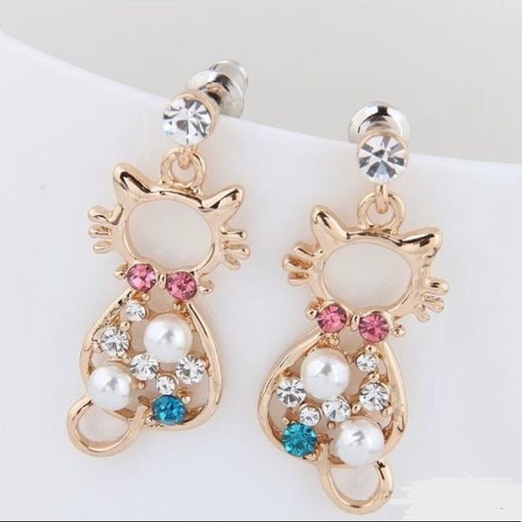 Dangling Gemstone Kitty Cat Earrings