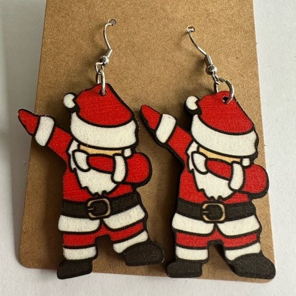 Christmas Dabbing Santa lightweight wood earrings