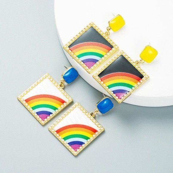 Square Rainbow Earrings Faux Pearl Outline