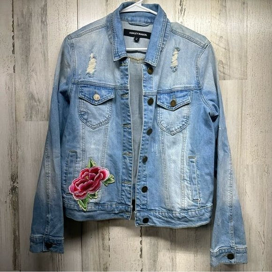 Ashley Mason distressed flower appliqué denim jean jacket xl