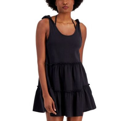 Miken Juniors' Cotton Tie-Shoulder Tiered Cover-Up Dress Black Small nwt