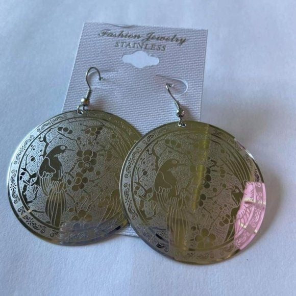 Silvertone bird disk earrings
