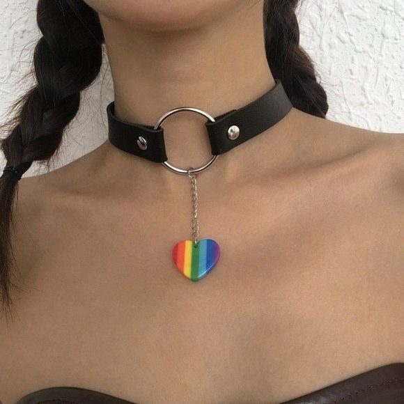 Leather Choker Necklace with Rainbow Heart