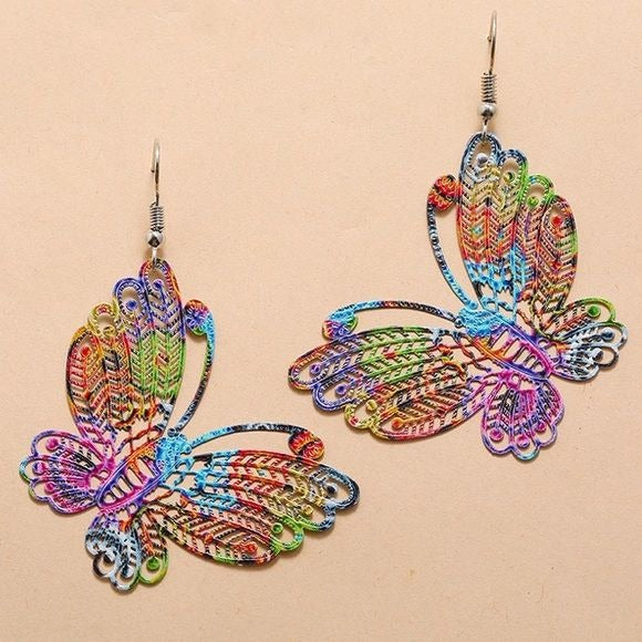 Rainbow Colorful Cut Out Metal Butterfly Earrings