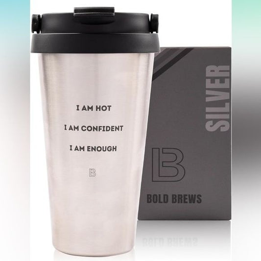 BOLD BREWS Silver III Double Wall tumbler mug. 17 oz tumbler cup with lid