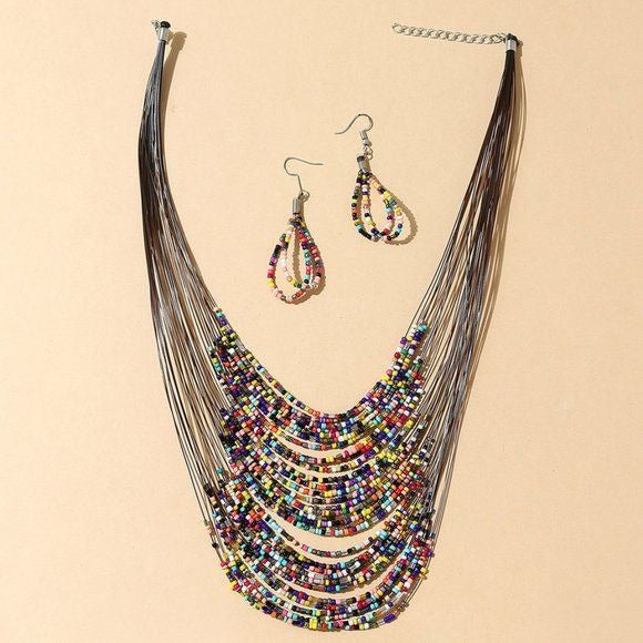 Multi-Strand Seed Bead Necklace Earring Set