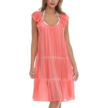 Raviya Pigment-Wash Off The Shoulder Tiered Dress Cover-up Coral Small nwt