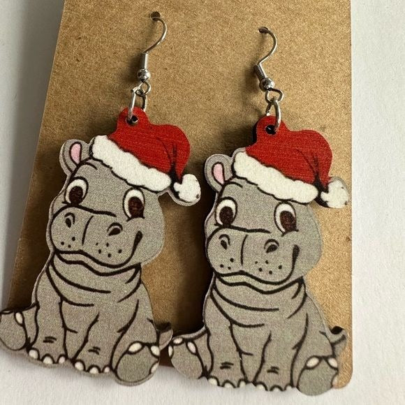 Gray Christmas Hippo lightweight wood earrings