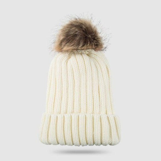 Faux Fur Pom Pom Beanie Hat - Ivory